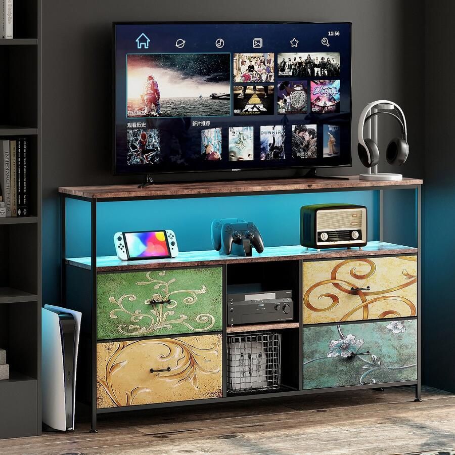 Luminari™ Luminarix TV-kast met LED TV-meubel Woonkamer TV-standaard met 4 lades Stoffen lades en metalen frame houten tafelblad 108 x 29 8 x 76.8 cm Gekleurd