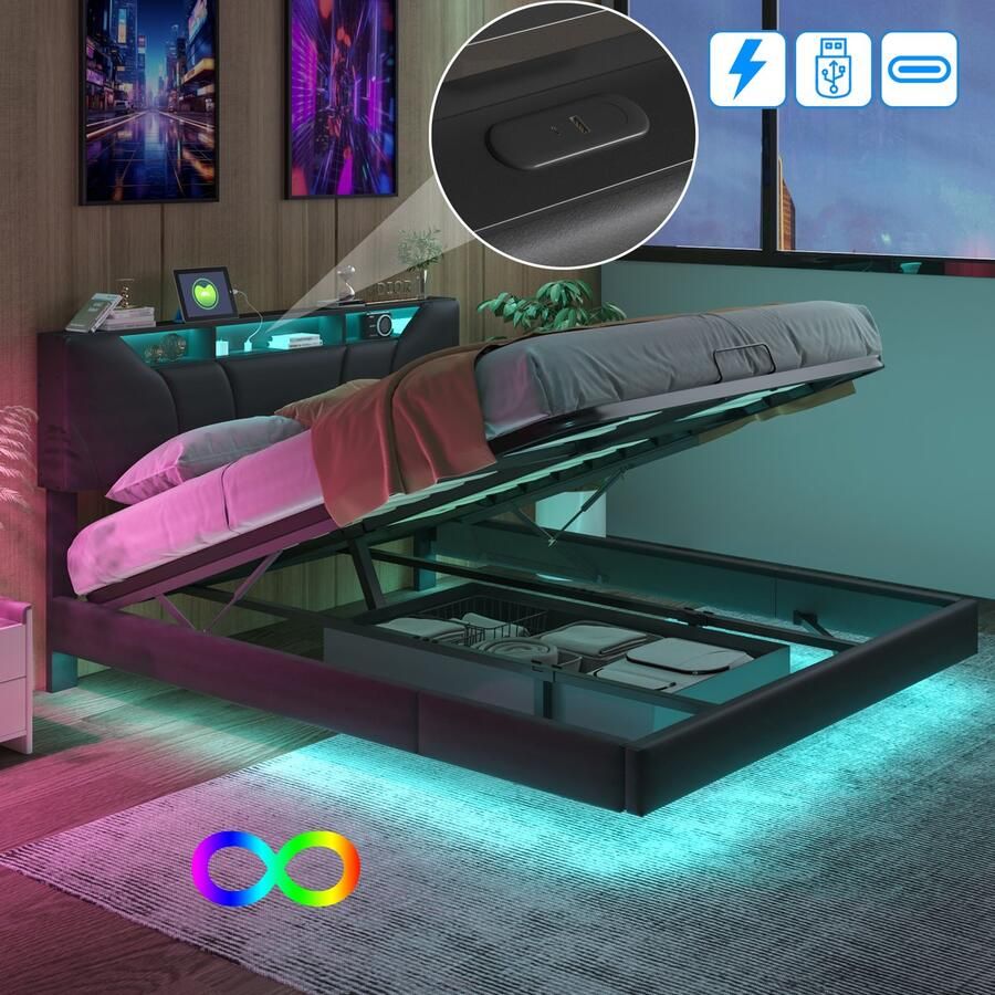 Luminari™ Luminarix Tweepersoonsbed 160x200 cm Zwevend bed met LED USB Type C Gestoffeerd Bed Jongerenbed Hoofdbord met Opbergruimte PU Zwart