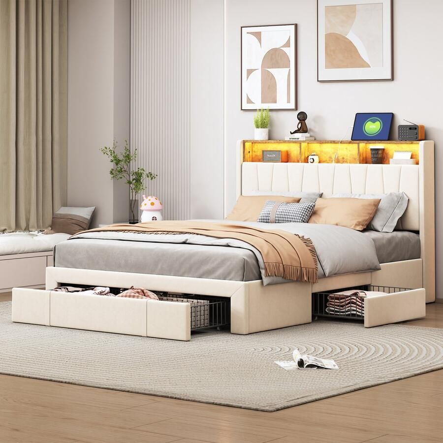 Luminari™ Luminarix Tweepersoonsbedden 140x200 cm met LED Gestoffeerd Bed met 4 lades USB en Type-C Hoofdbord met Opbergruimte beige fluwelen stof