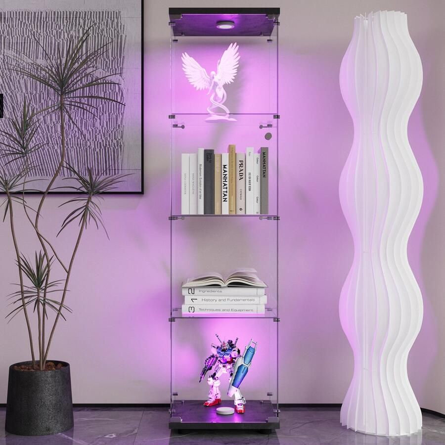 Luminari™ Luminarix Vitrinekast met LED Verticale glazen Vitrinekast Verzamelkast 1 deur 4 planken -Gehard glas- Geschikt voor woonkamers en slaapkamers 42 x 36 x 164 cm Zwart