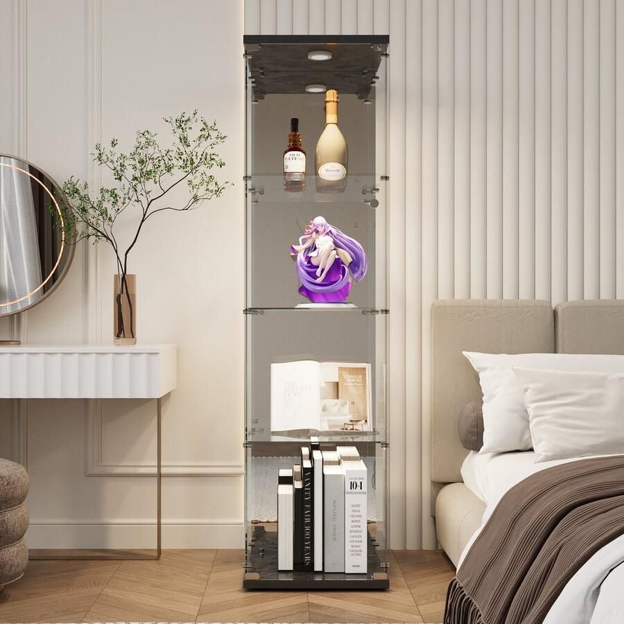 Luminari™ Luminarix Vitrinekast met LED Verticale glazen Vitrinekast Verzamelkast 1 deur 4 planken -Spiegelglas- Geschikt voor woonkamers en slaapkamers 42 x 36 x 164 cm Zwart