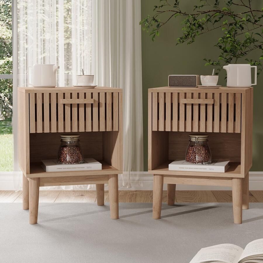 Luminari™ Nachtkastje Set van 2 1 lade massief hout gestreept design draagvermogen 28 kg 40 x 35 x 55 cm