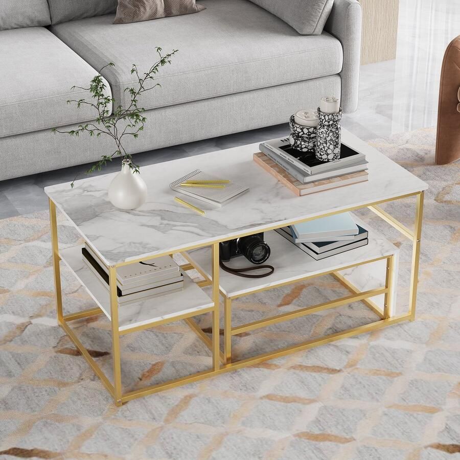 Luminari™ Salontafel Set van 2 salontafels Metalen frame Marmerlook bijzettafel Vierkant 105 x 52 x 48 cm Wit en goud Geschikt voor woonkamer Slaapkamers of balkons