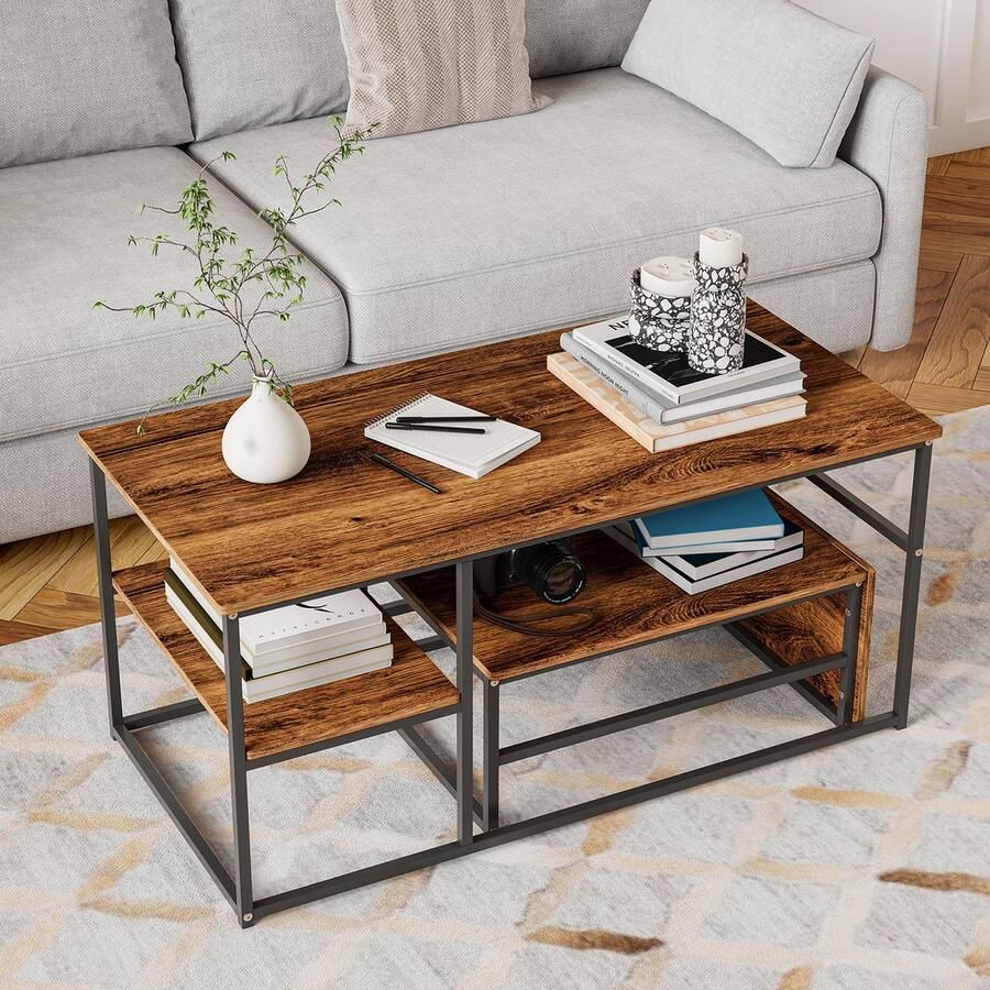 Luminari™ Salontafel Set van 2 salontafels Metalen frame Vierkante bijzettafel 105 x 52 x 48 cm Bruin Geschikt voor woonkamer slaapkamer en balkon