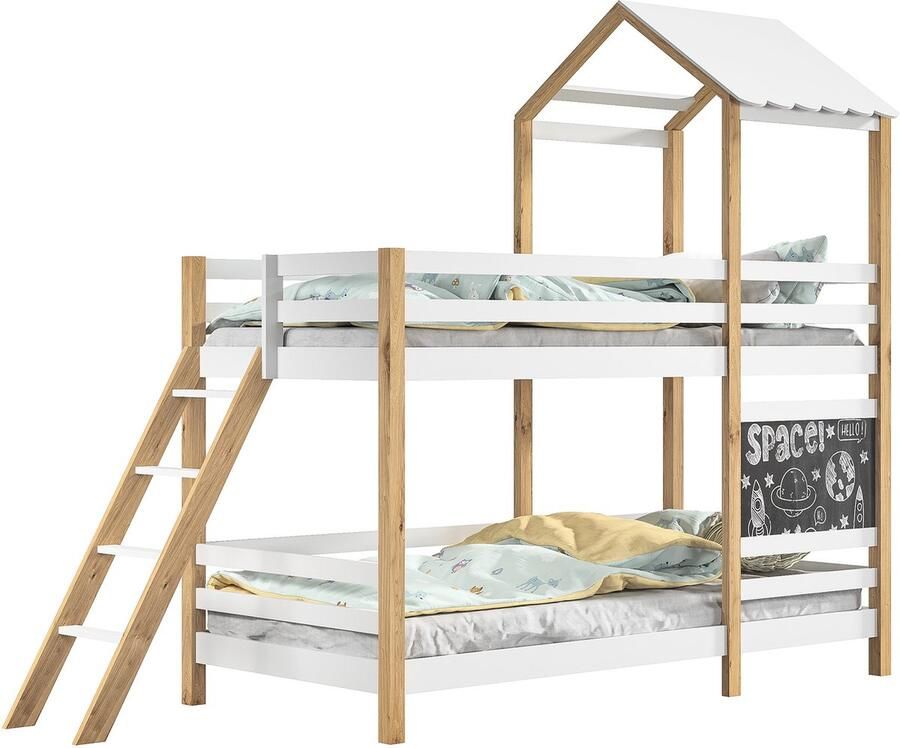 Luminari™ Stapelbed kinderbed huisbed 90x200 cm met schoolbord massief houten bed hoogslaper jeugdbed met schuine ladder en dak