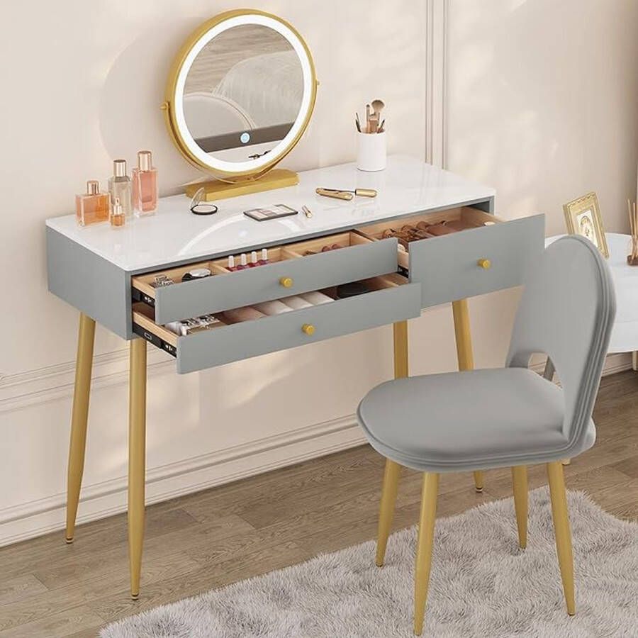 Luminart Dressing Table with Lighting Adjustable LED Mirror Light Dressing Table with 3 Drawers Large Table Top 100x40 cm Dressing Table with Velvet Stool Grey + Gold