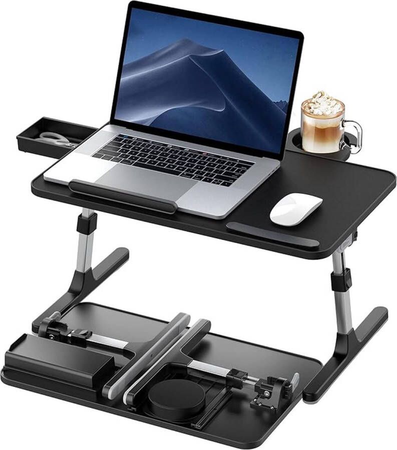 Luminart Home Valentijnscadeau Laptoptafel inklapbare poten in hoogte verstelbaar hellingshoek met lade en bekerhouder 40 kg belasting PU-leer compatibel met laptops tot 17 inch voor bank of bed zwart