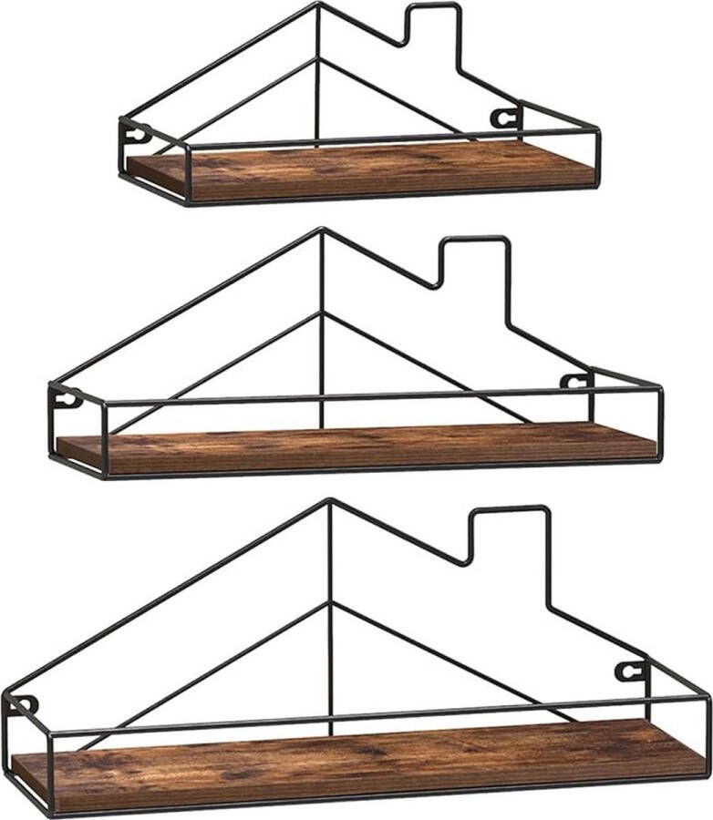 Luminart Home Wandrek 3-delige set hangrek zwevend rek industrieel plank met metalen frame hangend met huisvorm design voor woonkamer keuken vintage bruin