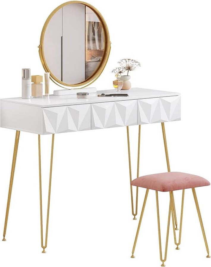 Luminart Kaptafel met kruk en spiegel 360 graden draaibaar make-up-spiegel kaptafel met 3 laden gevoerde fluwelen kruk 3D-effect lade wit en goud