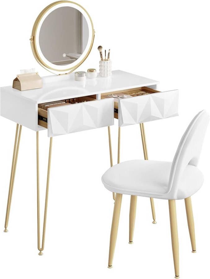 Luminart Make-uptafel met ledverlichting in 3 lichtkleuren gevoerde fluwelen stoel Kaptafel met 2 schuifladen van massief hout met 3D-effect 360° draaibare spiegel wit + goud