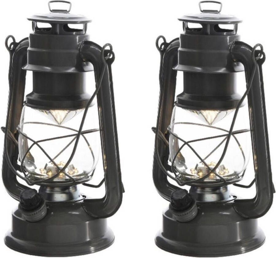 Lumineo 2x stuks antraciet grijze LED licht stormlantaarn 24 cm Campinglamp campinglicht Warm antraciet grijze LED lamp