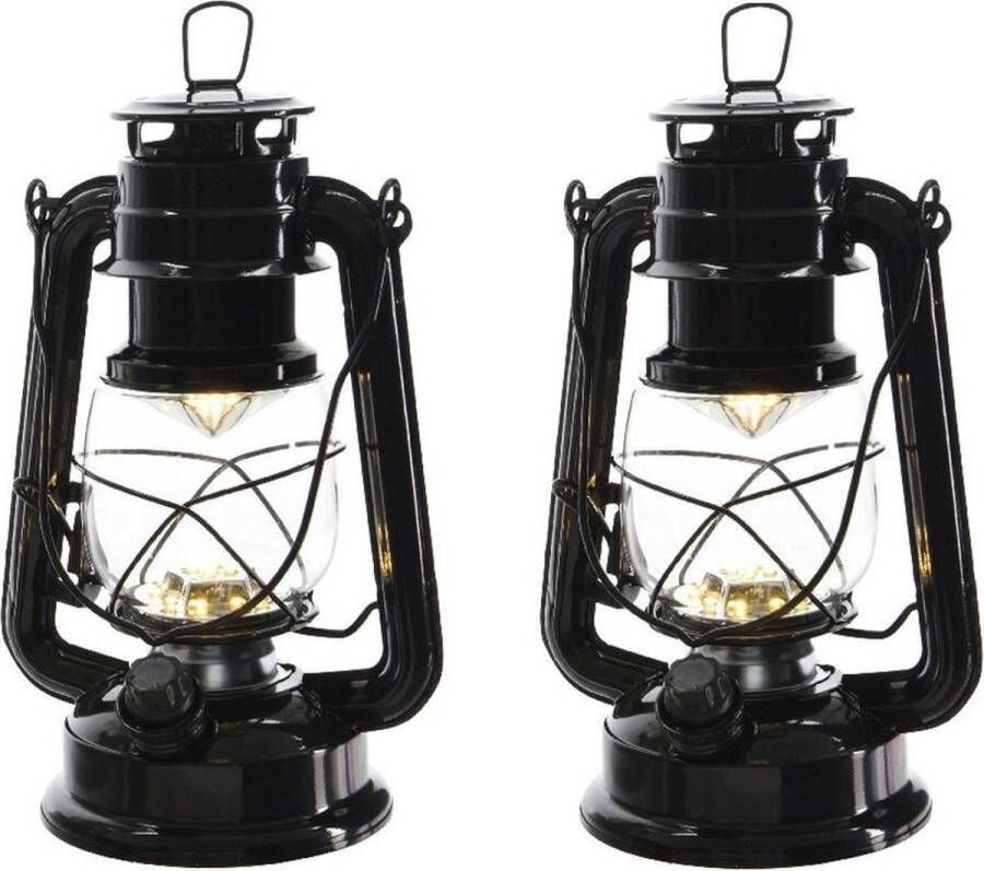 Lumineo 2x stuks zwarte LED licht stormlantaarn 24 cm Campinglamp campinglicht Warm zwarte LED lamp