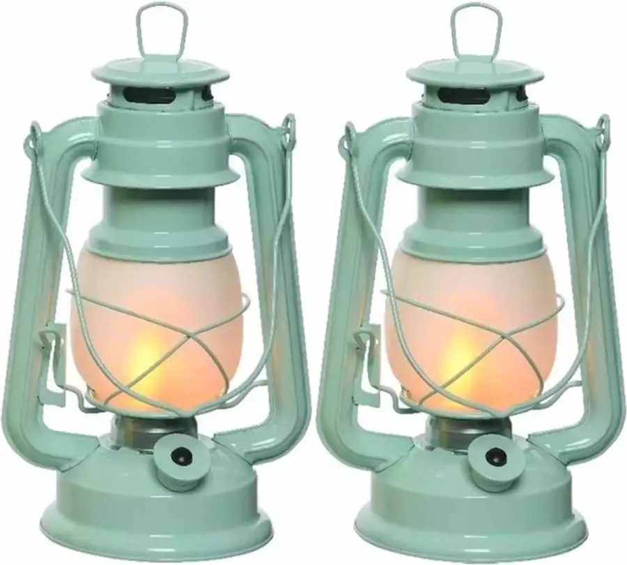 Lumineo Set van 2x stuks mintgroene LED licht stormlantaarns 24 cm met vlam effect Campinglamp campinglicht Vuur LED lamp