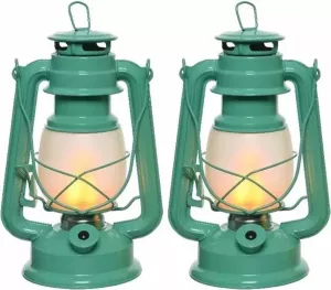 Lumineo Set van 2x stuks turquoise blauwe LED licht stormlantaarns 24 cm met vlam effect Campinglamp campinglicht Vuur LED lamp