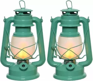 Lumineo Set van 3x stuks turquoise blauwe LED licht stormlantaarn 24 cm met vlam effect Campinglamp campinglicht Vuur LED lamp