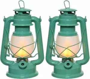 Lumineo Set van 4x stuks turquoise blauwe LED licht stormlantaarn 24 cm met vlam effect Campinglamp campinglicht Vuur LED lamp
