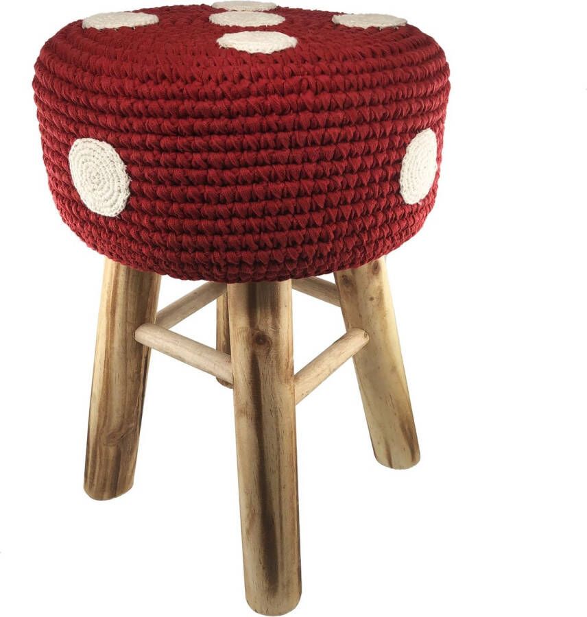 luna-leena duurzaam houten krukje stoel met een paddenstoel hoes van katoen rood met witte stippen hand gehaakt in Nepal kinderstoel kinderkruk kruk kids decoration stool rood met witte stippen
