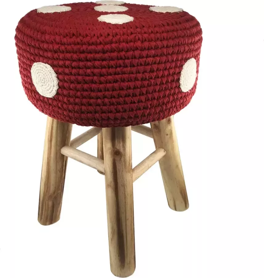 Luna-leena duurzaam houten krukje voor kinderen met een paddenstoel hoes van katoen rood met gebroken witte stippen hand gehaakt in Nepal kinderstoel kinderkruk kruk kids decoration stool rood met witte stippen