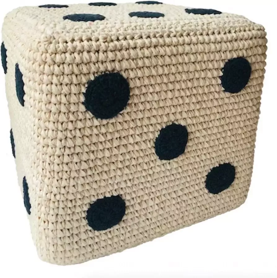 Luna-leena duurzame dobbelsteen poef katoen gebroken wit met zwarte stippen hand gehaakt in Nepal dice pouffe kinderkamer zitkussen kinder poef dobbelen bordspel woonkamer decoratie