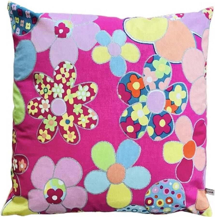 Luna-leena duurzame sierkussen met hippie bloemen print + binnenkussen roze met veel kleur 45x45cm katoen & gerecycled binnenkussen handgemaakt in Nepal cushion flowers kids pillow kinderkamer woonkamer bank kussen