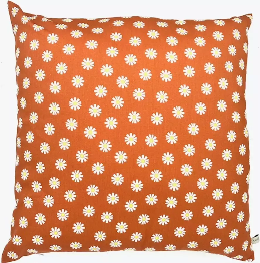 Luna-leena duurzame sierkussen met margrieten print terra bruin 45x45cm katoen & gerecycled binnenkussen beide van Oeko-tex hand gemaakt in Nepal Daisy flowers kids pillow kinderkamer bloemen print woonkamer bank kussen