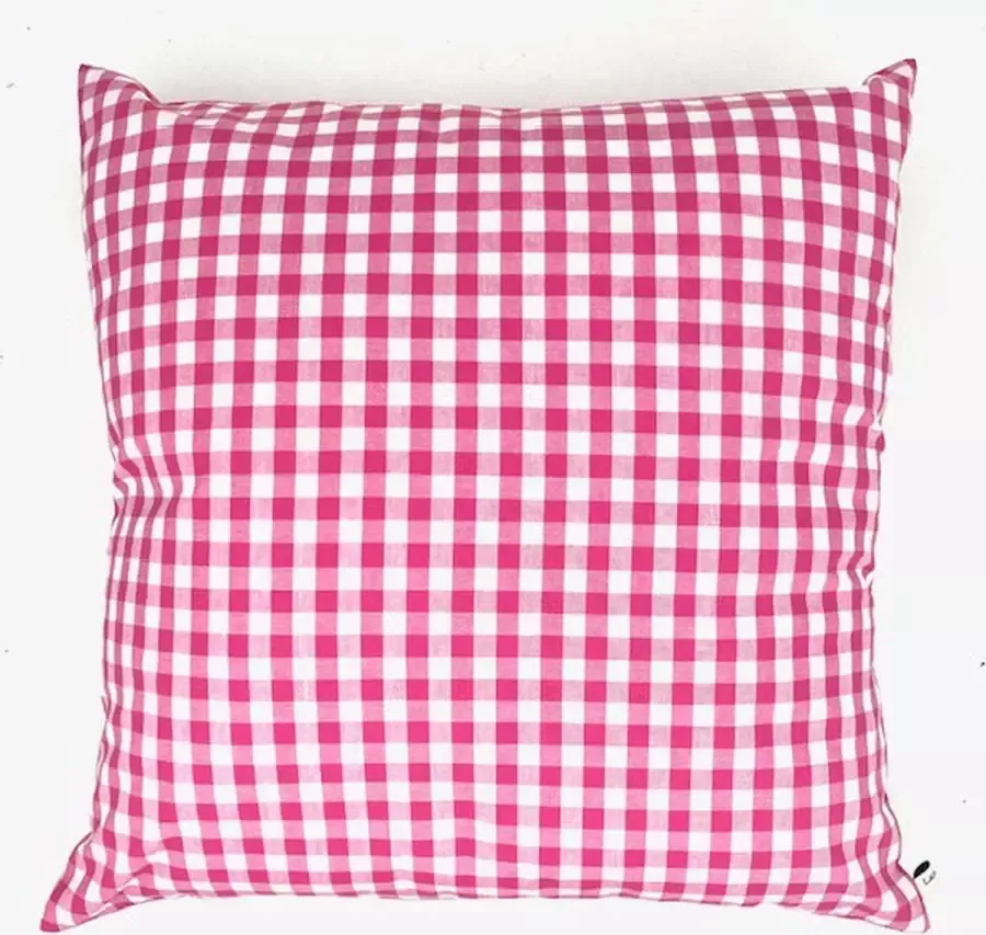 Luna-leena duurzame sierkussen met Vichy ruit + binnenkussen fuchsia en wit 45x45cm katoen & gerecycled binnenkussen beide van Oeko-tex hand gemaakt in Nepal ruitjes Vichy ruit kids pillow kinderkamer roze woonkamer bank kussen