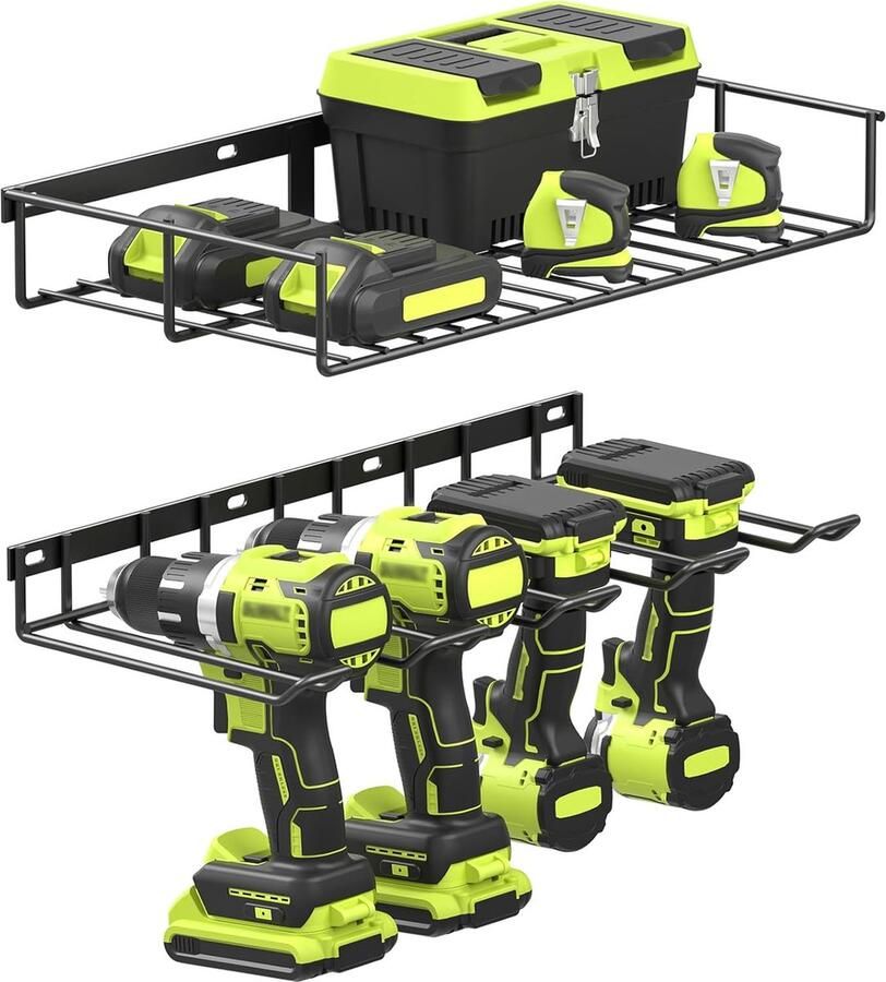 Luvetrex 2-laags elektrisch gereedschap-organizer opbergrek wandhouder boorhouder voor 4 boormachine-gereedschappen rek voor draadloos accugereedschap voor garage werkplaats