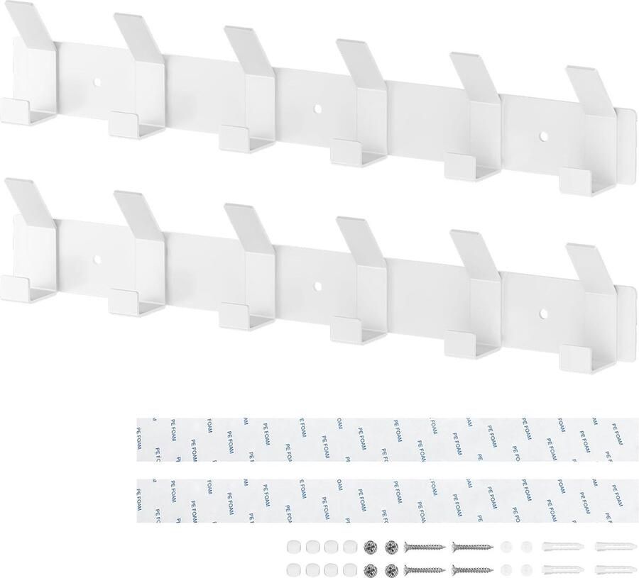 Luvetrex 2 stuks garderobehaken kledinghaken muur mat wit kapstok met 6 haken kledinghaken garderobe metalen kledinghaken met haaklijst garderobe voor slaapkamer badkamers en keukens