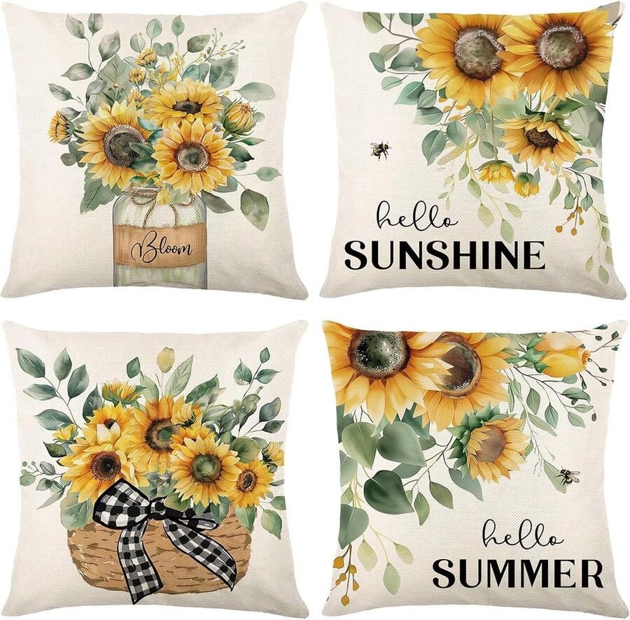 4 stuks kussenhoezen met zonnebloemmotief 45 x 45 cm decoratieve kussenhoezen van polyester voor bank bed auto tuin en kantoor en ademend