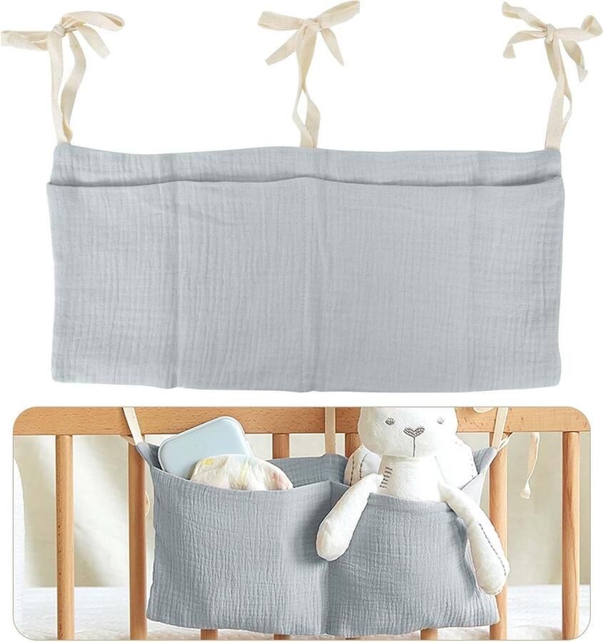 Luvetrex Babybedorganizer Hangende bedorganizer voor de kinderkamer met 2 zakken Organiser zijkant wieg baby Bedzak Speelgoedzak Opbergzakken voor bedden voor luiers kleding speelgoed (grijs)