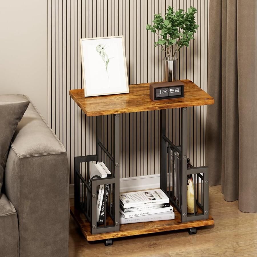 Luvetrex Bijzettafel nachtkastje 50 L x 30 B x 55 H bruine houten bijzettafel met wielen nachtkastje 2 niveaus salontafel voor woonkamer en slaapkamer