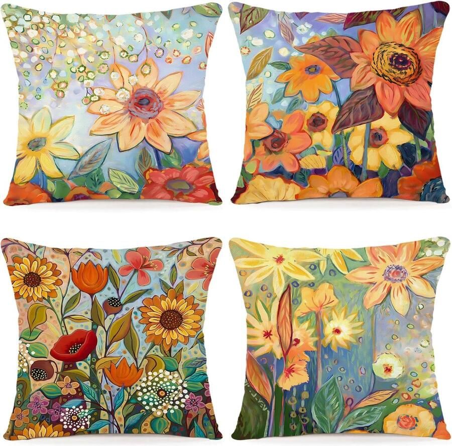 Luvetrex Bloemen Kussensloop 40 x 40 cm set van 4 outdoor kussens sierkussens linnen kussenhoezen bloemenpatroon aquarelschilderij kussenhoezen voor bank woonkamer sierkussen 40 x 40 cm