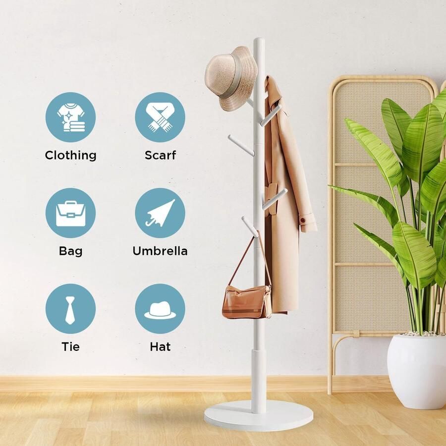 Luvetrex Elegante Houten Kapstok met 8 Haken voor Hal Slaapkamer of Entree 172 x 38 x 38 cm (Wit)