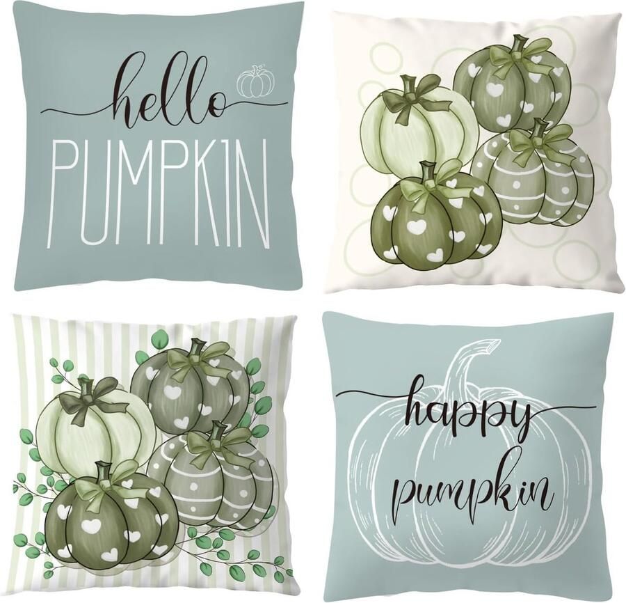 Luvetrex Herfst Kussenhoezen Set van 4 Decoratief 45 x 45 cm Blauw Pompoen Design voor Woonkamer en Bank
