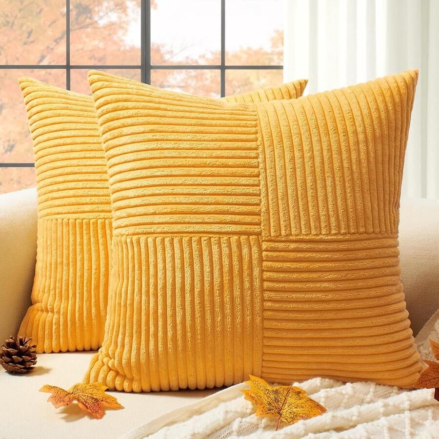 Luvetrex Herfstkleurige Sierkussenhoezen Set van 2 40 x 40 cm Geel Corduroy voor Woonkamer en Stoel