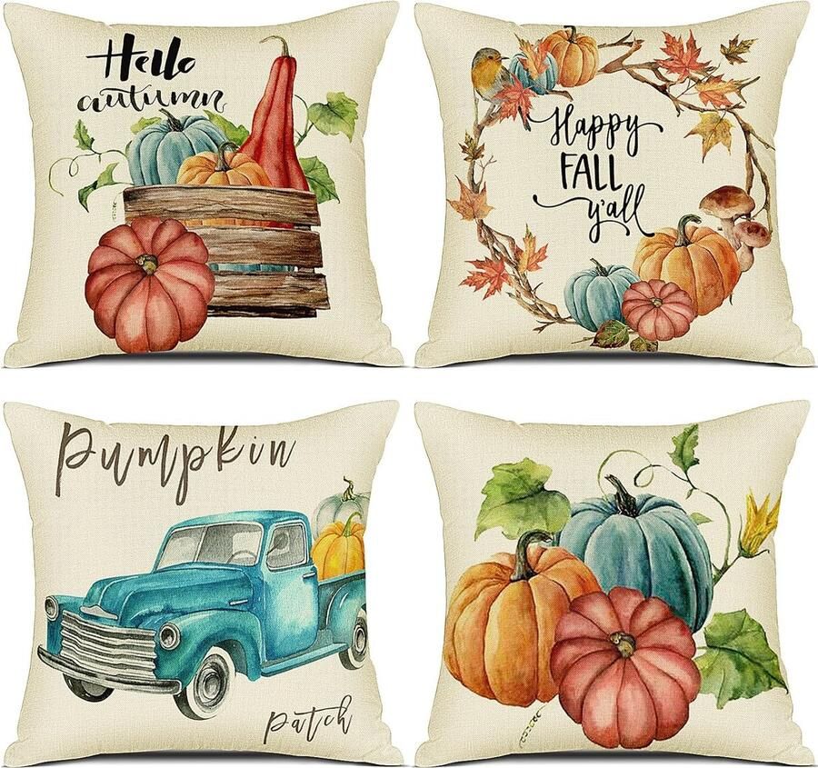 Luvetrex Herfstkussensloop 40 x 40 cm set van 4 kussenslopen herfst pompoen decoratief bankkussen linnen herfstdecoratie outdoor pompoenkussen voor slaapkamer woonkamer bank sierkussen 40 x