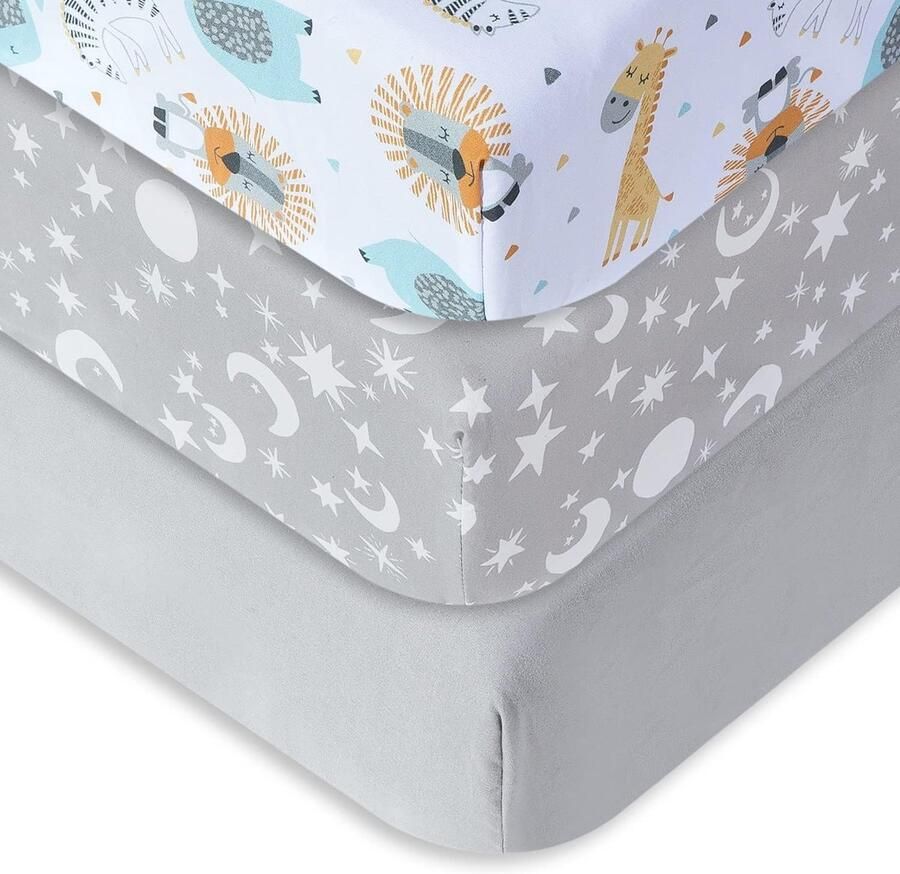 Luvetrex Hoeslaken voor babybedjes ledikant 70 x 140 cm 100% microvezel Oeko-Tex Standard 100 gecertificeerd 3 stuks grijs sterrenhemel dierdier + ster + grijs