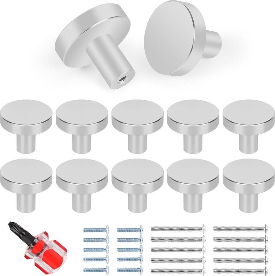 Luvetrex Kastknoppen set van 10 zilveren meubelknoppen metalen ladeknoppen deurknoppen moderne ronde knop voor kast ladeknoppen met twee soorten schroeven