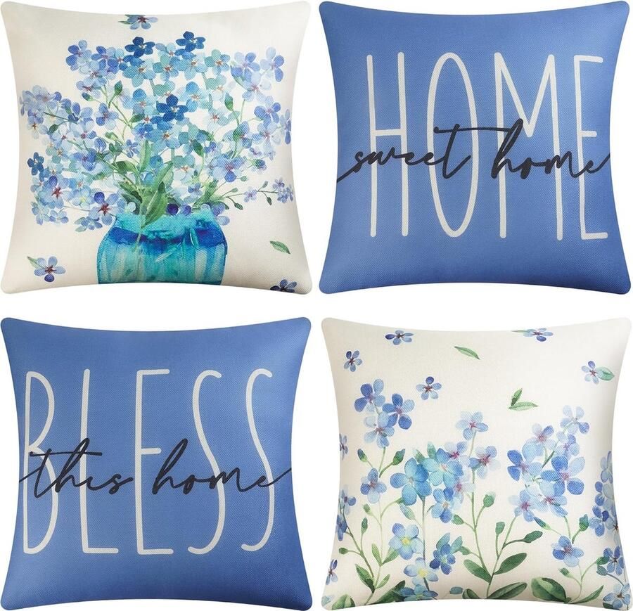 Kussenhoes 50 x 50 cm set van 4 decoratieve kussenslopen voor buiten linnen decoratief kussen voor slaapkamer bank stoel bed bedrukt (blauw 50 x 50 cm)