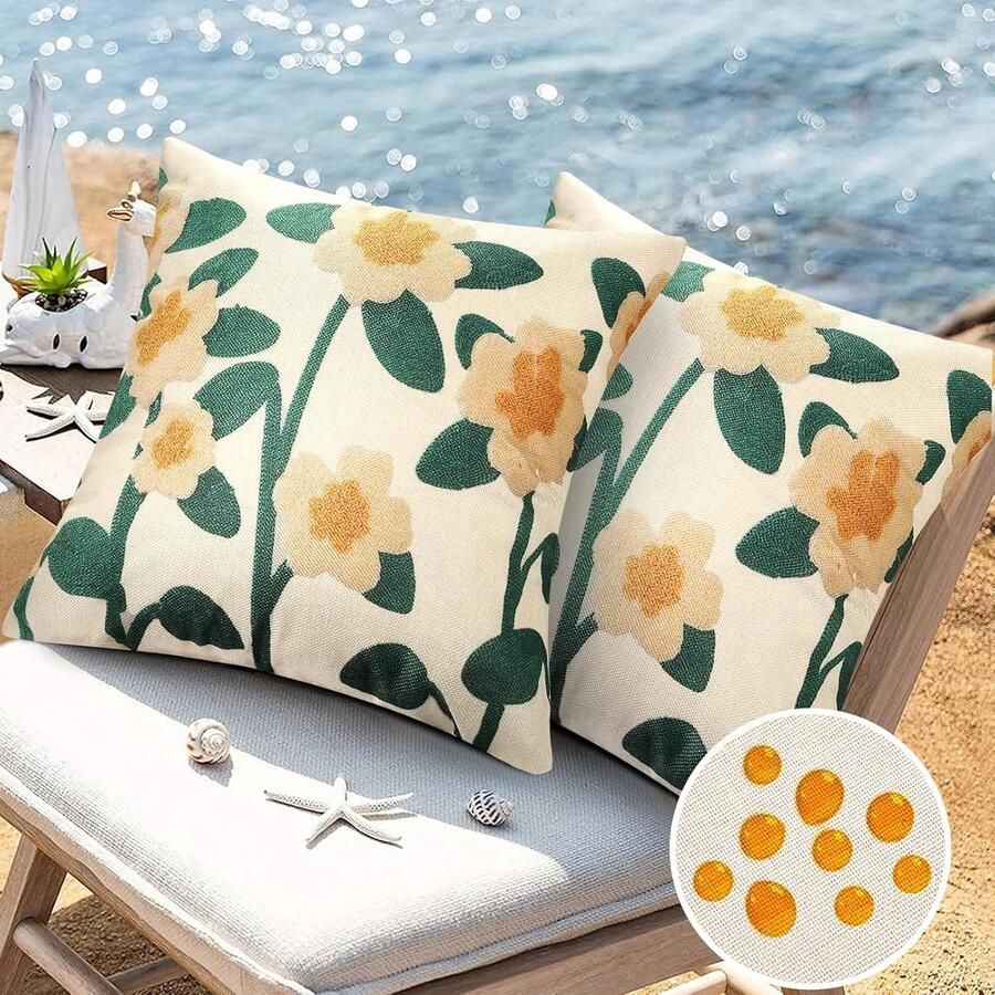 Luvetrex Kussenhoezen 45 x 45 cm waterdicht groen set van 2 zonnebloem bedrukte bloemen lente zomer kussensloop linnen decoratief met onzichtbare ritssluiting voor buiten tuin bank woonkamer kantoor