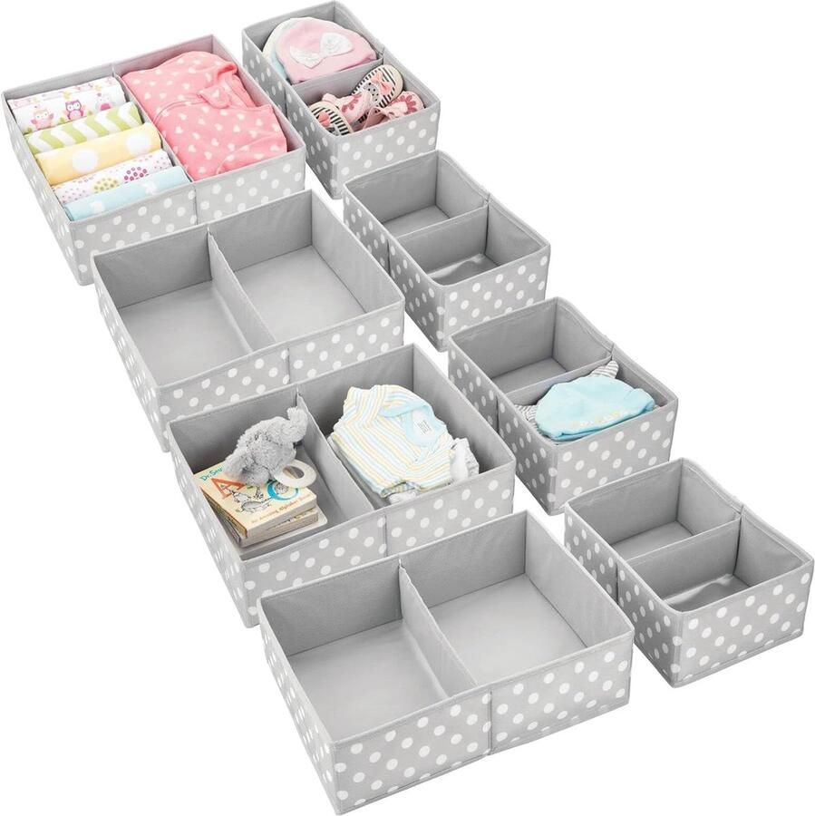 Luvetrex Opbergdozen voor de kinderkamer set van 8 stuks opvouwbare opbergdoos voor de kinderkamer in 2 maten voor babykleding kinderkastorganizer van ademende kunstvezel grijs wit gestippeld
