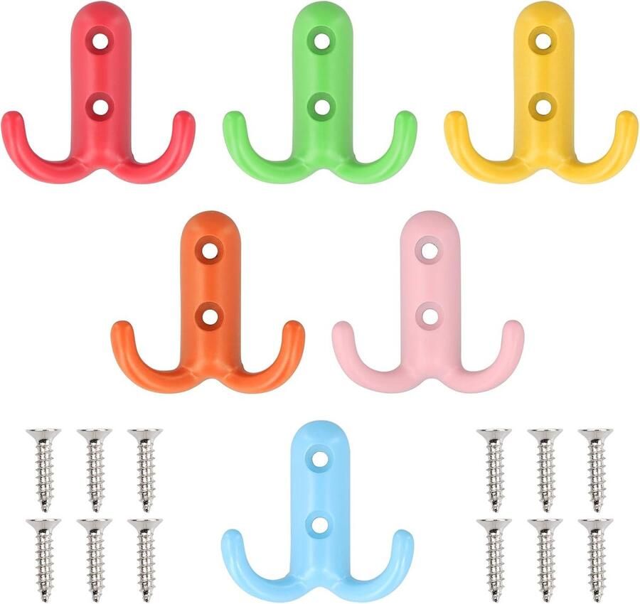 Pak van 6 kleurrijke kinderkapstokhaken kleine metalen haken met 12 schroeven dubbele kapstokhaken retro muurhaken vintage kapstokhaken voor kapstokken badkamer keuken