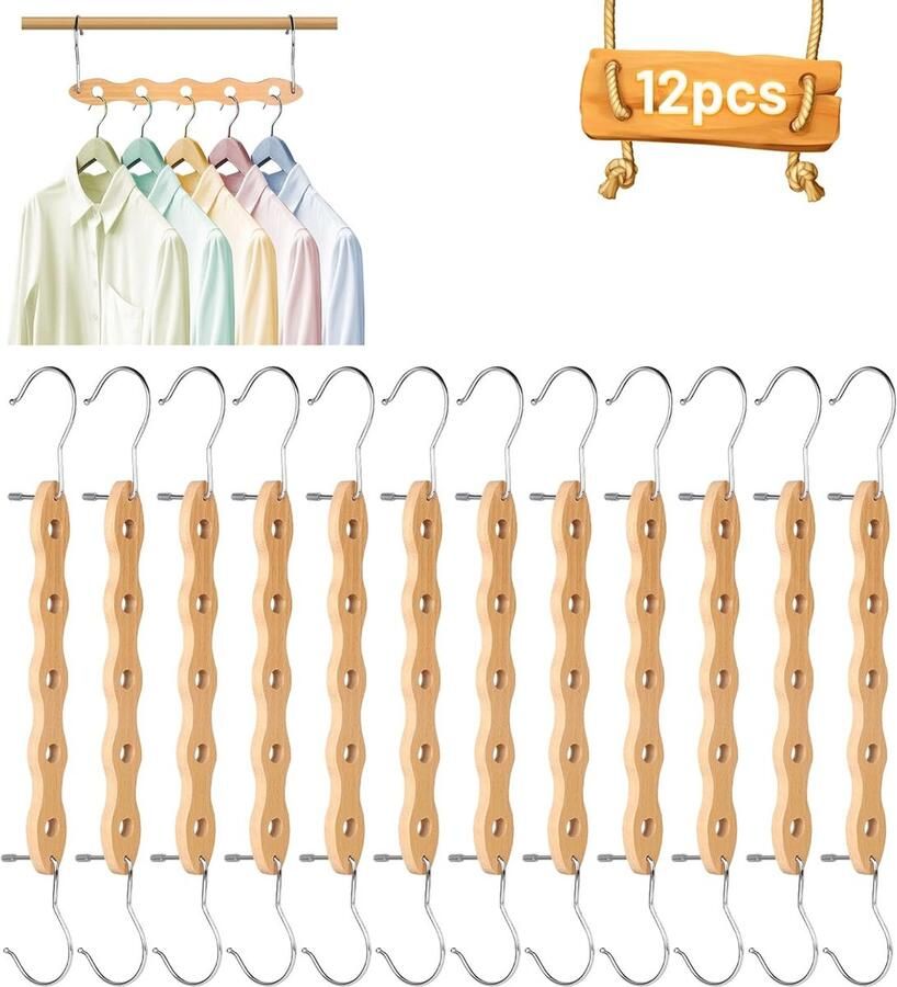 Luvetrex Ruimtebesparende Houten Kledinghangers Set van 12 Multifunctionele Organisator voor Kledingkasten