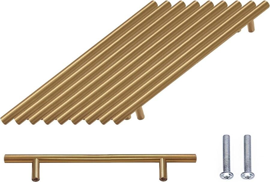 Luvetrex Set van 10 T Bar handgrepen geborstelde kastdeurgrepen hardware roestvrij staal voor de keuken kasten lade trekgreep gat midden 160 mm goud
