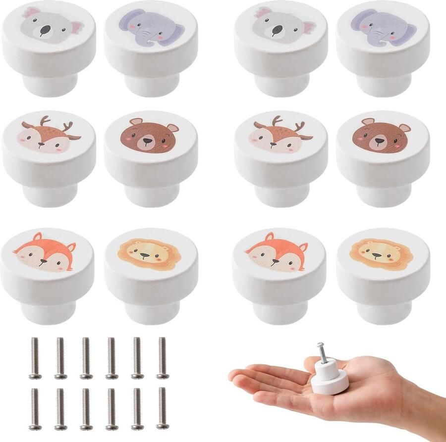 Luvetrex Set van 12 Houten Meubelknoppen met Dierenpatronen voor Kinderkamers 35 mm Ronde Knoppen met Schroeven
