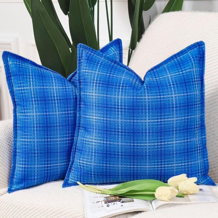 Luvetrex Set van 2 Geweven Kussenhoezen met Rand Zachte Decoratieve Kussenhoezen voor Bank en Slaapkamer Blauw 50 x 50 cm