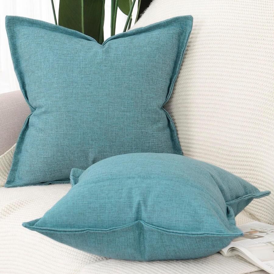 Luvetrex Set van 2 Linnen Kussenhoezen met Brede Rand Zachte Decoratieve Kussenhoezen voor Bank Slaapkamer Blauw 50 x 50 cm