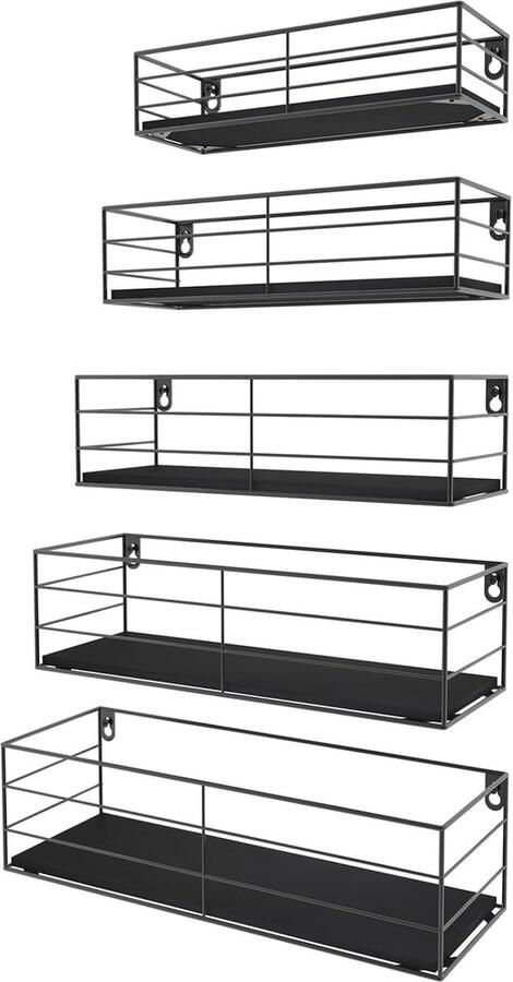 Luvetrex Set van 5 Zwevende Wandplanken met Klassieke Zwarte Houten Plank en Metalen Beugels