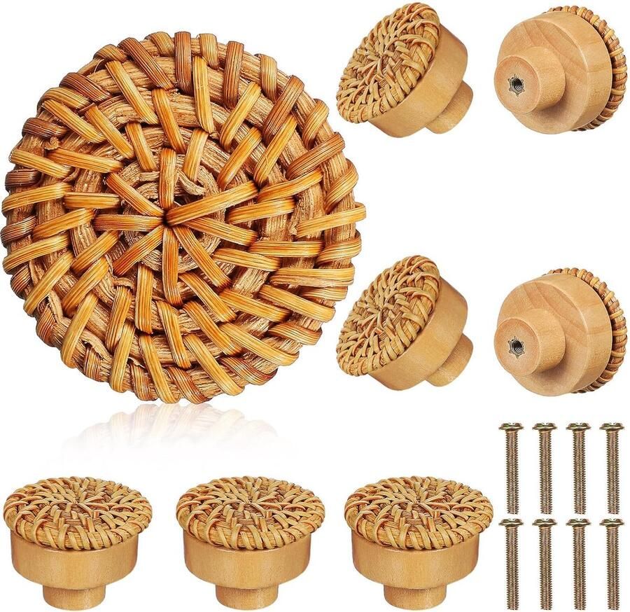 Luvetrex Set van 8 Decoratieve Knoppen van Hout en Rotan voor Meubels