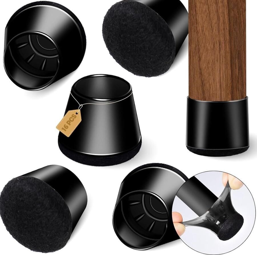 Luvetrex Siliconen Stoelpoot Beschermers met Vilt Verpakkingsinhoud van 16 Zwart 30 mm 36 mm